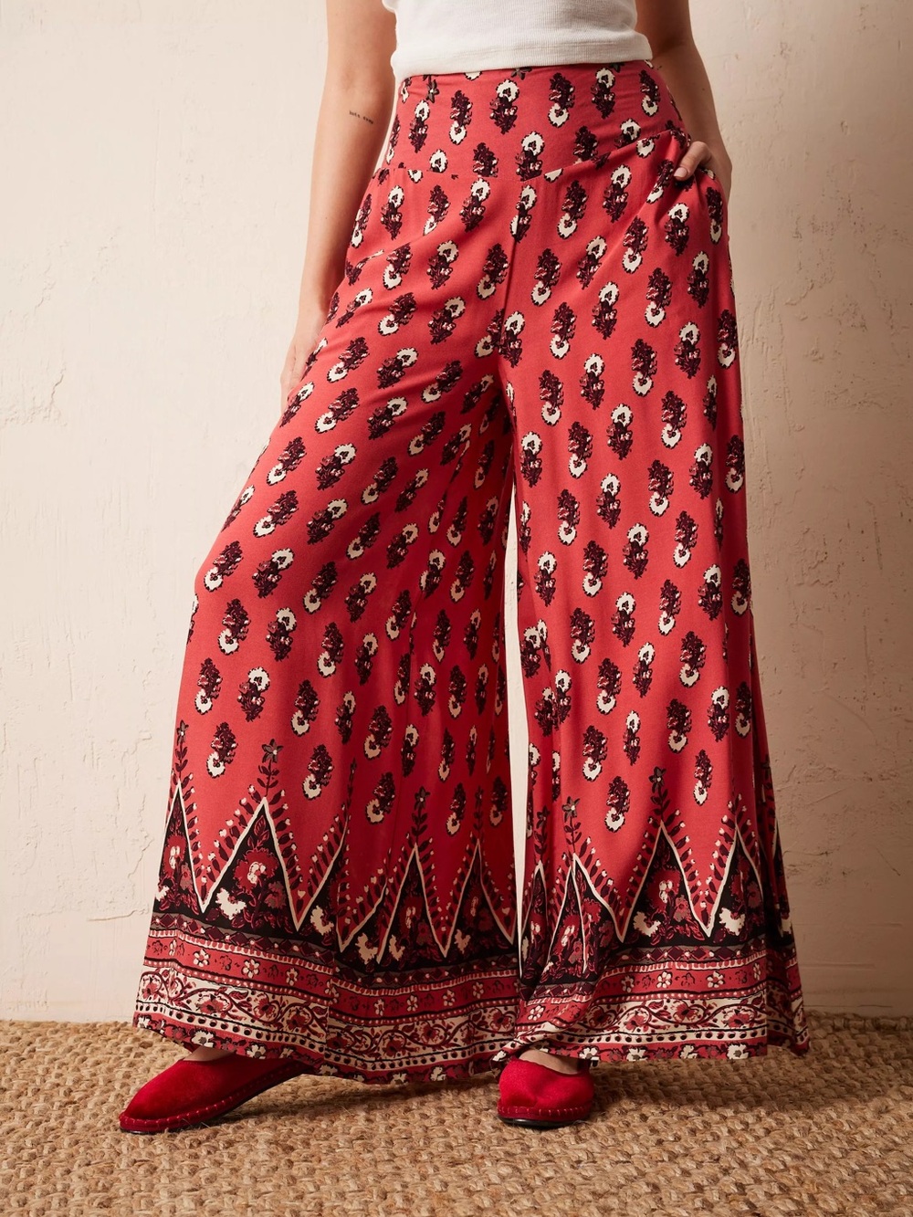 Free People Linen Printed Extreme Wide-Leg Pants, Size XS